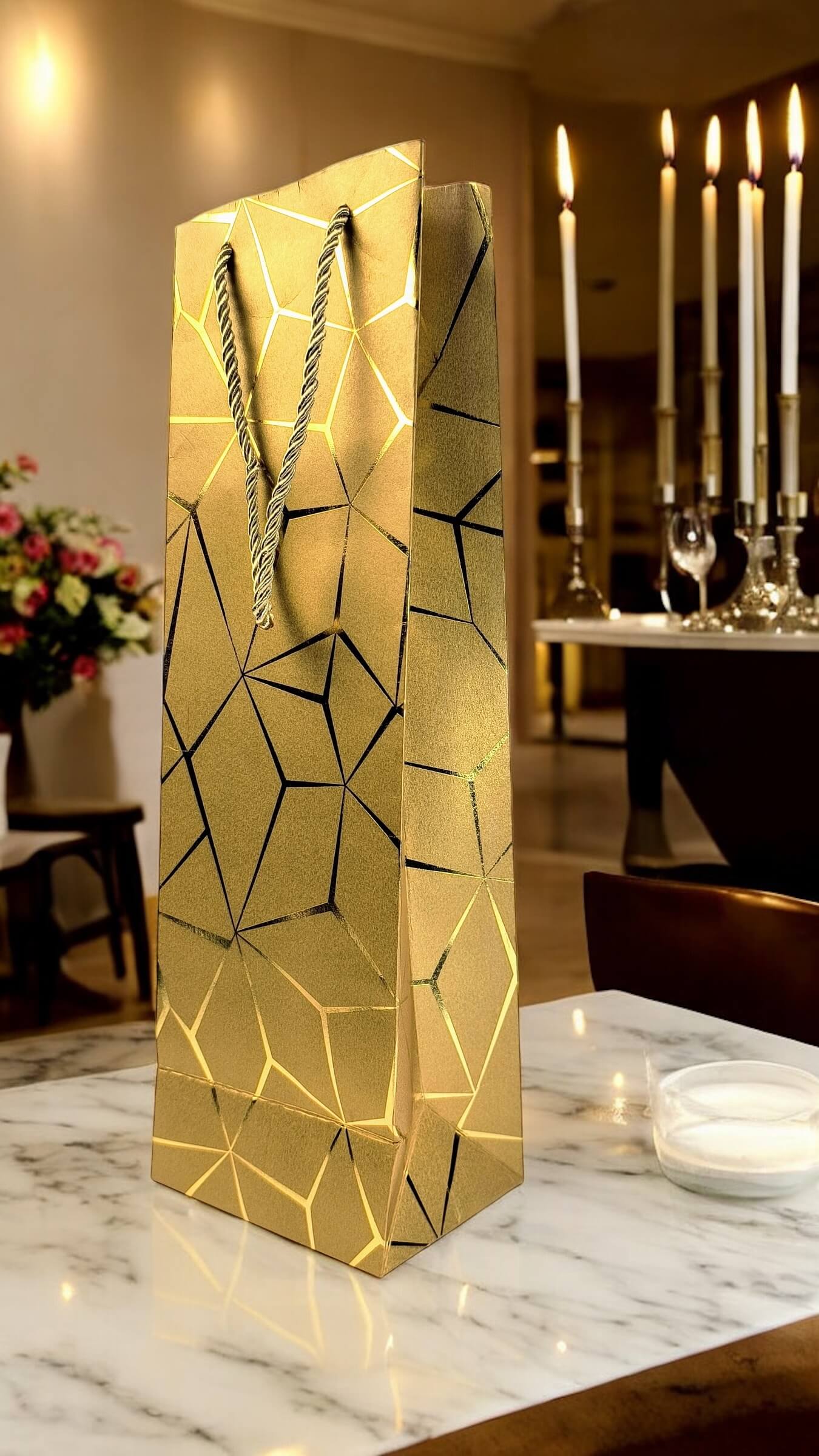 Luxurious Gold wine and champagne gift bag with metallic gold rope handles