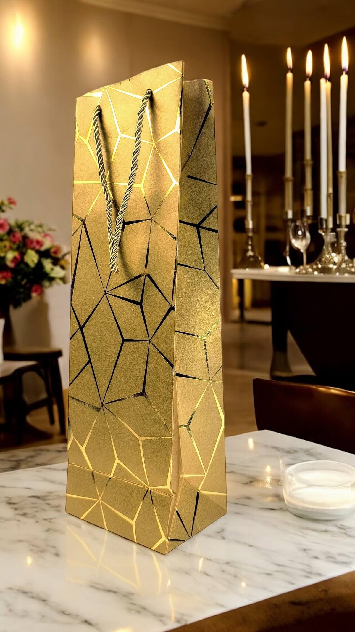 Luxurious Gold wine and champagne gift bag with metallic gold rope handles